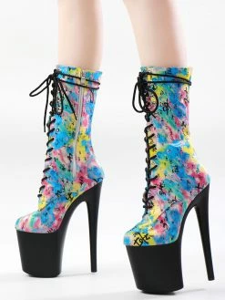 Women Sexy Boots Round Toe Lace Up Printed Stiletto Heel Rave Club Blue Thigh High Boots Over The Knee Boots -winter shoes Sales 2023 202210261759290502398