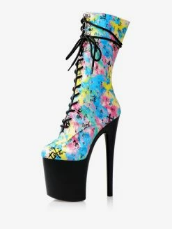 Women Sexy Boots Round Toe Lace Up Printed Stiletto Heel Rave Club Blue Thigh High Boots Over The Knee Boots