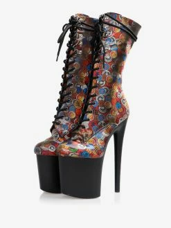 Women Sexy Boots Peep Toe Lace Up Polka Dot Stiletto Heel Rave Club Black Thigh High Boots Over The Knee Boots