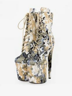 Women Sexy Boots Round Toe Lace Up Printed Stiletto Heel Rave Club Deep Apricot Thigh High Boots Over The Knee Boots