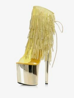 Women Sexy Boots Peep Toe Lace Up Printed Stiletto Heel Rave Club Gold Thigh High Boots Over The Knee Boots