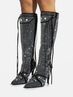 Women's Knee High Boots Rhinestones Pointed Toe Metal Detail High Heel Vintage Boots With Tassels