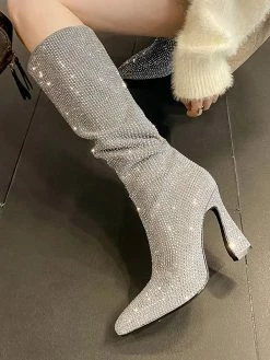 Silver Knee High Boots Women Rhinestones Pointed Toe Spool Heel Party Boots -winter shoes Sales 2023 20221111114207256251