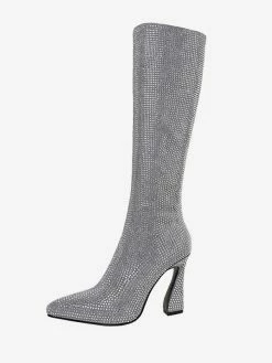 Silver Knee High Boots Women Rhinestones Pointed Toe Spool Heel Party Boots