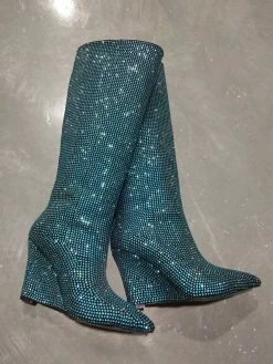 Women's Knee High Boots Rhinestones Pointed Toe Wedge Heel Party Boots -winter shoes Sales 2023 202211111142124584940