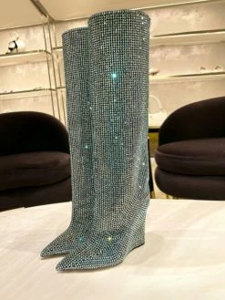 Women's Knee High Boots Rhinestones Pointed Toe Wedge Heel Party Boots -winter shoes Sales 2023 20221111114212818374