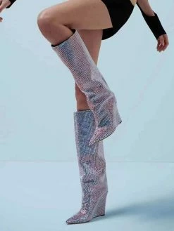 Women's Knee High Boots Rhinestones Pointed Toe Wedge Heel Party Boots -winter shoes Sales 2023 202211111142131285503