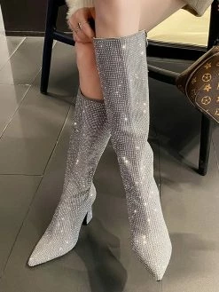 Silver Knee High Boots Women Rhinestones Pointed Toe Spool Heel Party Boots -winter shoes Sales 2023 202211111142166498932