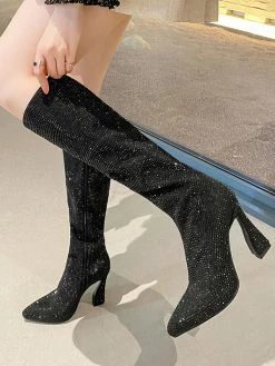 Silver Knee High Boots Women Rhinestones Pointed Toe Spool Heel Party Boots -winter shoes Sales 2023 202211111142178782106