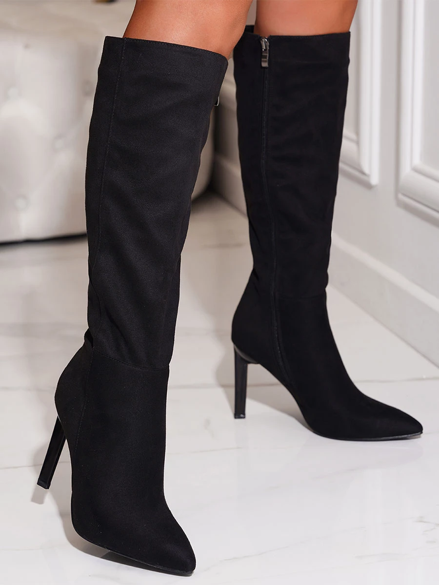 Black Knee High Boots Women Pointed Toe Stiletto Heel Knee Length Boots 2 Black Knee High Boots Women Pointed Toe Stiletto Heel Knee Length Boots - Image 2