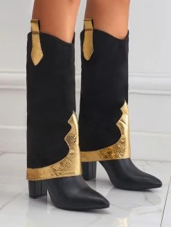 Women's Knee High Boots Black Suede Pointed Toe Chunky Heel Knee Length Boots -winter shoes Sales 2023 20221118170745270734