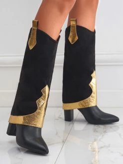 Women's Knee High Boots Black Suede Pointed Toe Chunky Heel Knee Length Boots -winter shoes Sales 2023 20221118170745625484