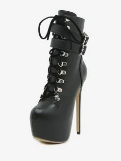 Sexy High Heel Boots Black Almond Toe Buckle Lace Up Stiletto Heel Rave Club Boots