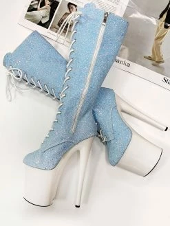 Sexy High Heel Boots Round Toe Lace Up Zipper Stiletto Heel Platform Pole Dance Shoes