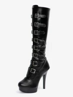 Sexy High Heel Boots Round Toe Lace Up Buckle Stiletto Heel Ball Black Thigh High Boots Over The Knee Boots