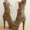 Sexy High Heel Boots Leopard Round Toe Zipper Buckle Platform Lace Up Plus Size Sexy Boots