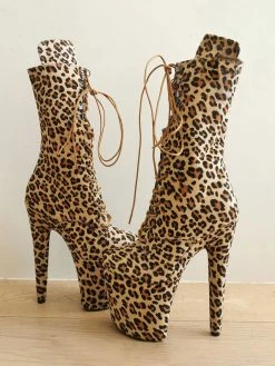 Sexy High Heel Boots Leopard Round Toe Zipper Buckle Platform Lace Up Plus Size Sexy Boots