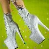 Sexy High Heel Boots Silver Round Toe Platform Zipper Buckle Stiletto Lace Up Plus Size Boots (Size US 5.5-12)