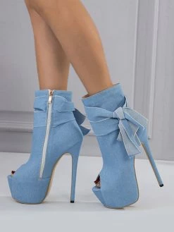 Sexy High Heel Boots Open Toe Bows Stiletto Heel Street Wear Light Sky Blue Thigh High Boots Over The Knee Boots