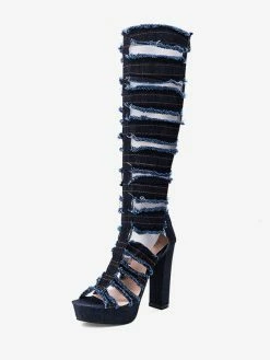 Denim Open Toe Chunky Heel Cut Out Knee High Summer Boots