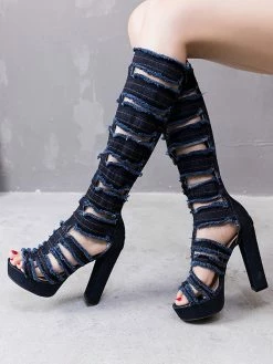 Denim Open Toe Chunky Heel Cut Out Knee High Summer Boots -winter shoes Sales 2023 202304261159040025383
