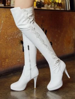 Over The Knee Boots Womens Lace-detailed Round Toe Stiletto Heel Thigh High Boots