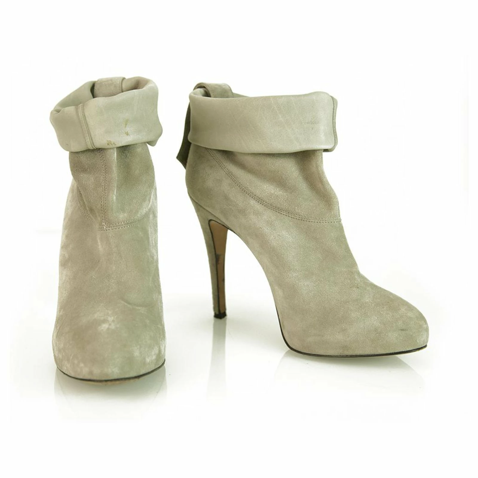 Brian Atwood Gray Suede Leather Pull On Calf Booties Boots Heels Shoes Size 37 Grey 2 Brian Atwood Gray Suede Leather Pull On Calf Booties Boots Heels Shoes Size 37 Grey - Image 2
