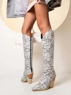Women Knee-High Boots Leather White Pointed Toe Chunky Heel Knee Length Boots For Women