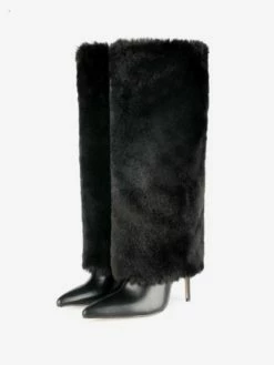 Women's White Boots Fuzzy Stiletto Heel Knee High Boots
