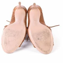 Gianvito Rossi Tan Leather Woven Peep-Toe Ankle Boots Brown Beige -winter shoes Sales 2023 349396 4