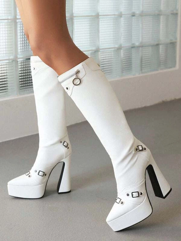 Women's Knee High Boots Platform High Heel Bukle Detail Elastic Boots 6 Women's Knee High Boots Platform High Heel Bukle Detail Elastic Boots - Image 6