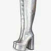 Knee-High Boots Leather Silver Round Toe Bright Leather Chunky Heel Dazzling Women Knee Length Boots