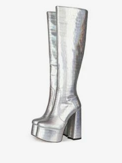 Knee-High Boots Leather Silver Round Toe Bright Leather Chunky Heel Dazzling Women Knee Length Boots