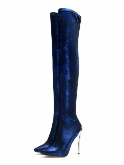 Over The Knee Boots Sequined Blue Pointed Toe Stiletto Heel Thigh High Boots