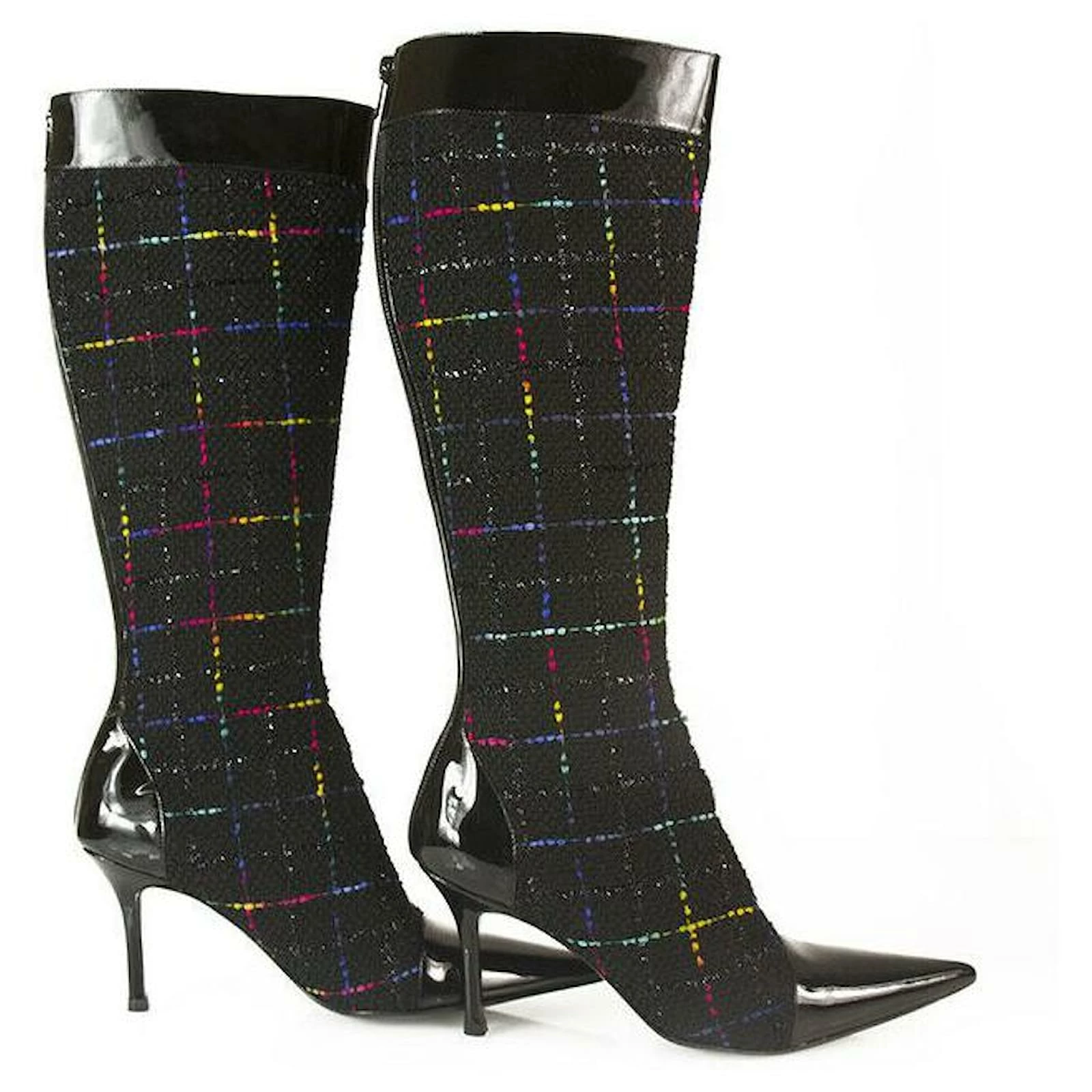 Gina Tweed Fabric Black Patent Leather Boots Slim Heels Shoes Back Zipper Sz 6 3 Gina Tweed Fabric Black Patent Leather Boots Slim Heels Shoes Back Zipper Sz 6 - Image 3