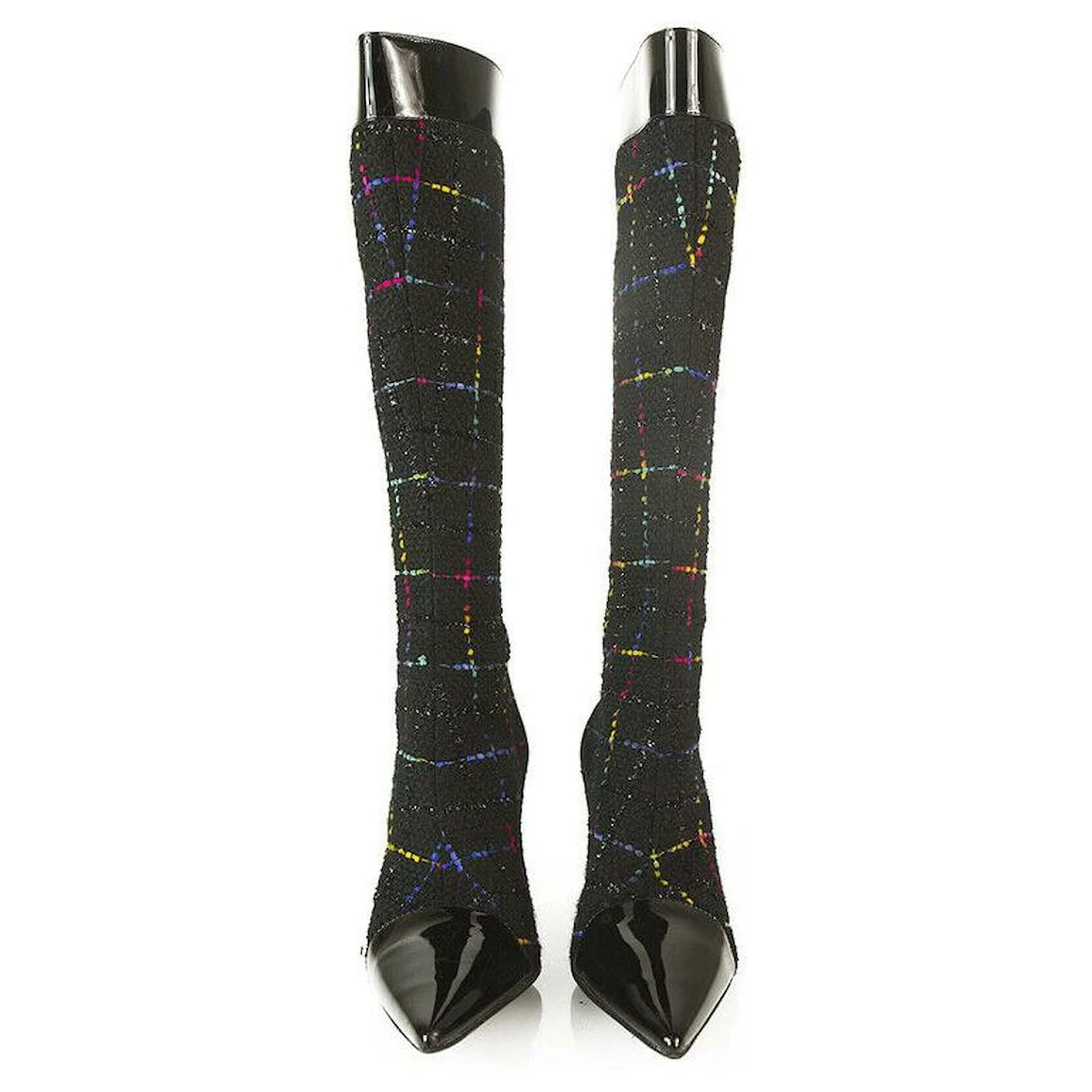 Gina Tweed Fabric Black Patent Leather Boots Slim Heels Shoes Back Zipper Sz 6 4 Gina Tweed Fabric Black Patent Leather Boots Slim Heels Shoes Back Zipper Sz 6 - Image 4