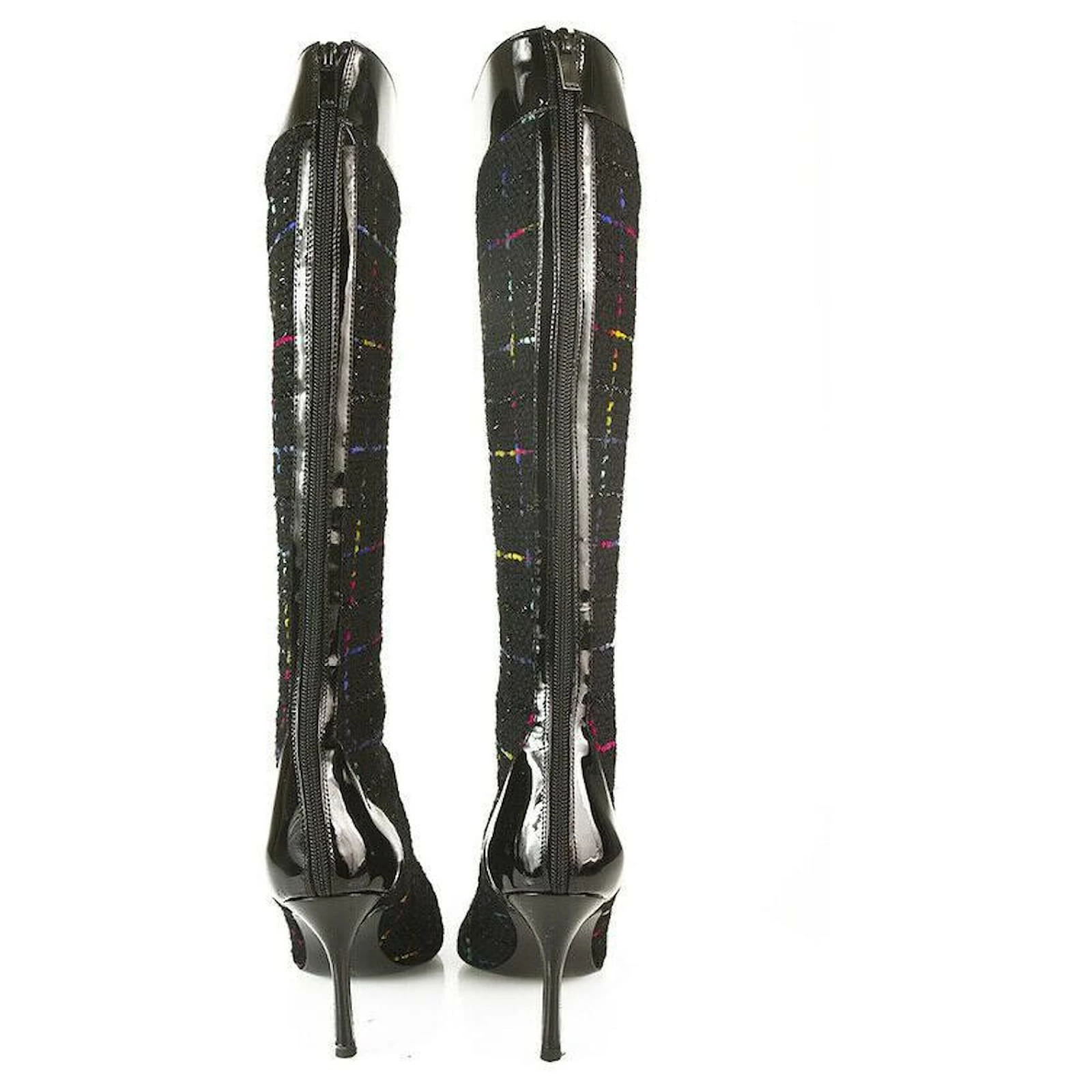 Gina Tweed Fabric Black Patent Leather Boots Slim Heels Shoes Back Zipper Sz 6 5 Gina Tweed Fabric Black Patent Leather Boots Slim Heels Shoes Back Zipper Sz 6 - Image 5