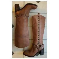 Janet & Janet Tan Tan Tan Leather Heeled Boots With Metal Rivets Beige Light Brown Caramel -winter shoes Sales 2023 389345 6