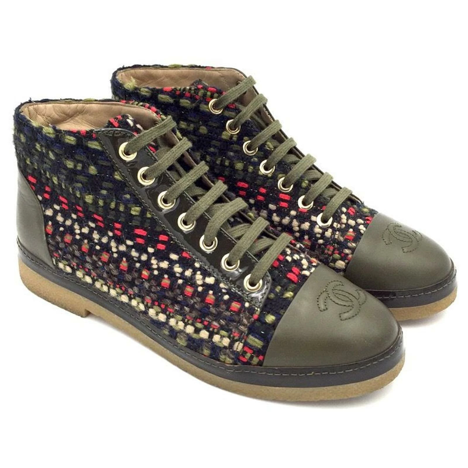 Chanel Ankle Boots In Green Leather And Tweed With Cs On Fronts 2 Chanel Ankle Boots In Green Leather And Tweed With Cs On Fronts - Image 2