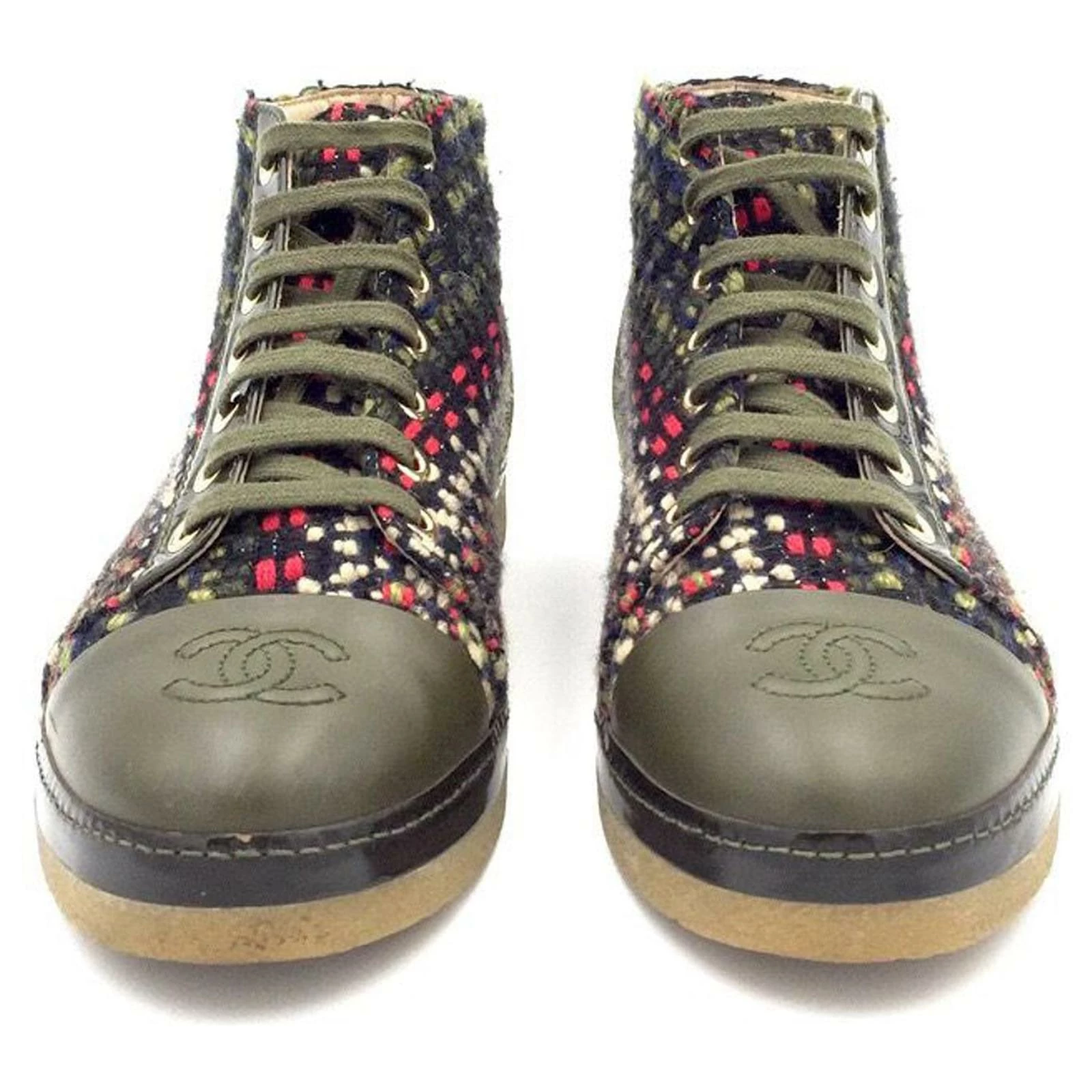 Chanel Ankle Boots In Green Leather And Tweed With Cs On Fronts 3 Chanel Ankle Boots In Green Leather And Tweed With Cs On Fronts - Image 3