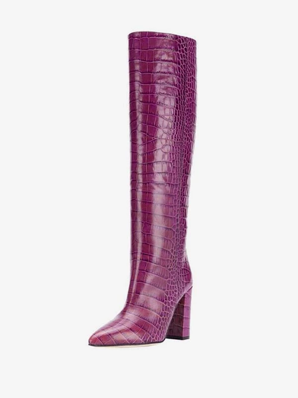 Women's Croc Print Chunky Heel Knee High Boots 1 Women's Croc Print Chunky Heel Knee High Boots