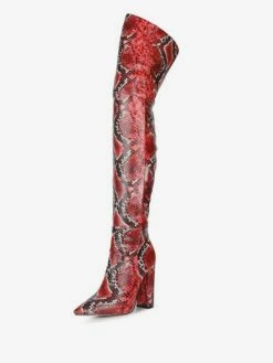 Over The Knee Boots Leather Pink Pointed Toe Snake Print Chunky Heel Thigh High Boots