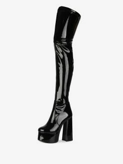 Over The Knee Boots Black Round Toe Chunky Heel High Heel Platform Bright Leather Winter Boots For Women