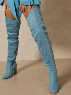 Women's Wide Calf Thigh High Boots Suede Chunky Heel Over The Knee Boots