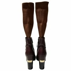 Chanel Sock Ankle Boots In Burgundy Leather Dark Red -winter shoes Sales 2023 530036 4