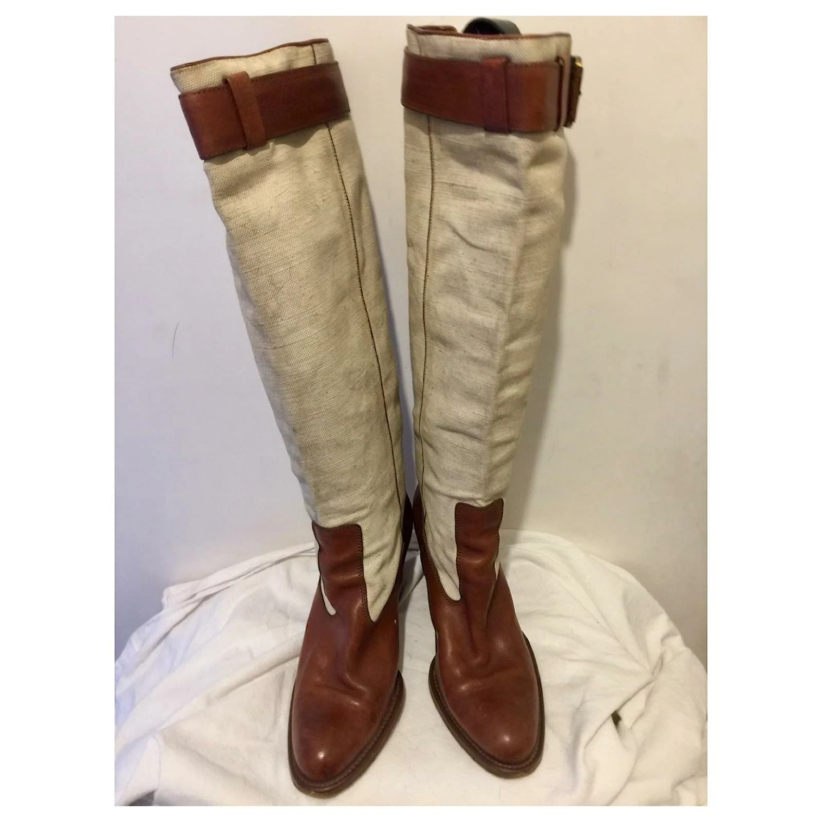 Barbara Bui Leather And Linen Riding Boots Brown Beige 3 Barbara Bui Leather And Linen Riding Boots Brown Beige - Image 3