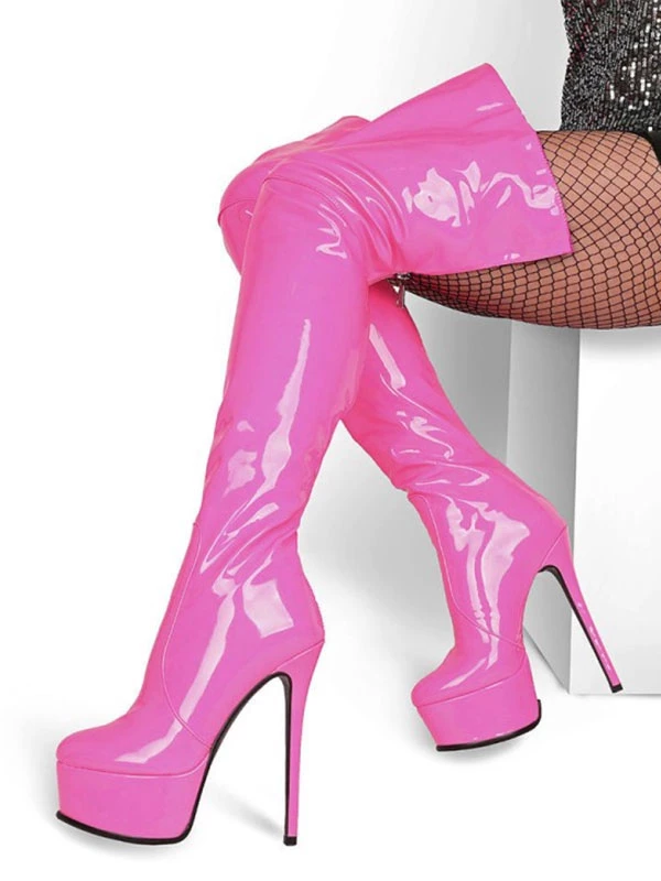 Over The Knee Boots Leather Platform Round Toe Bright Leather Zip Up High Heel Thigh High Boots 6 Over The Knee Boots Leather Platform Round Toe Bright Leather Zip Up High Heel Thigh High Boots - Image 6