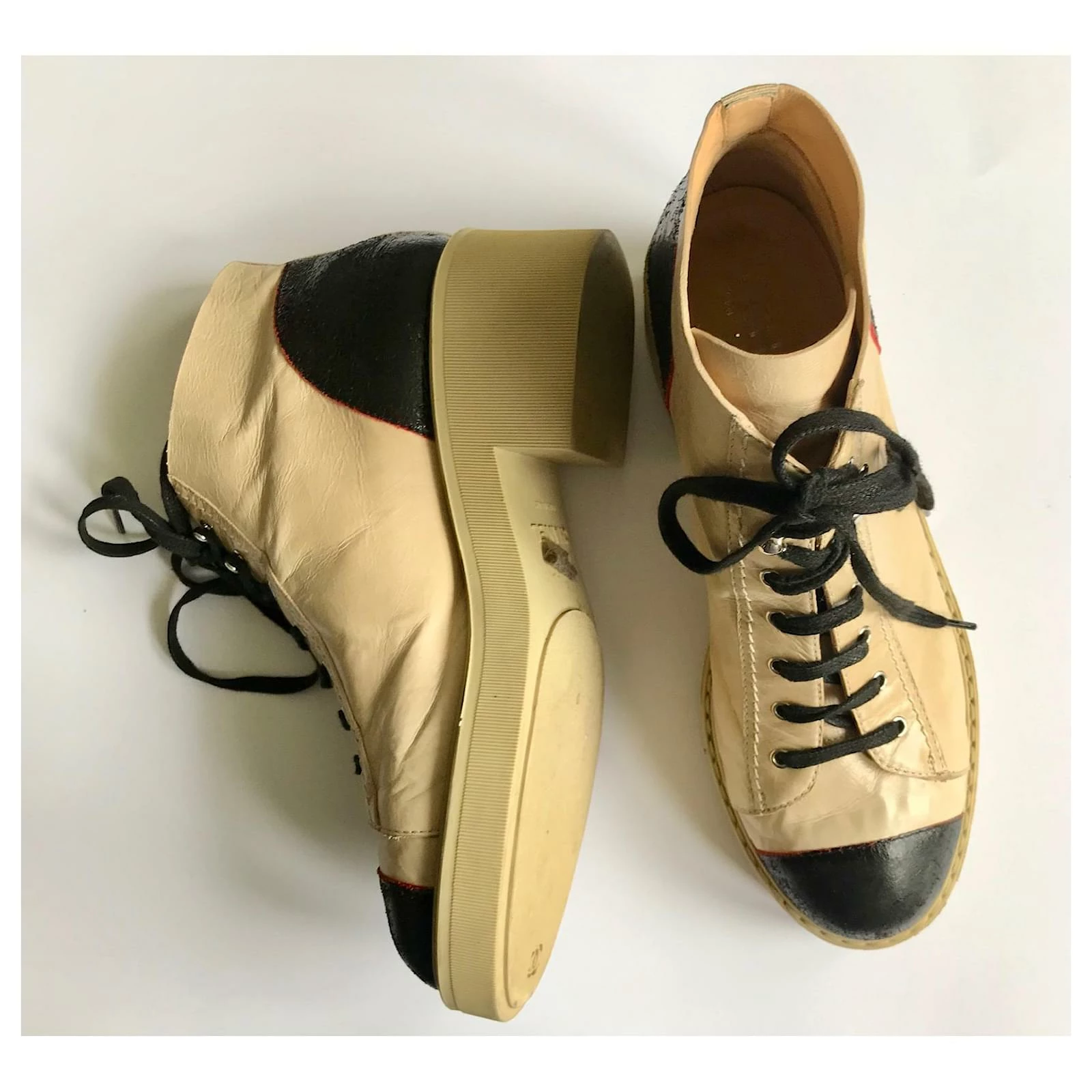 Chanel Leather Lace-up Boots Black Red Beige 2 Chanel Leather Lace-up Boots Black Red Beige - Image 2