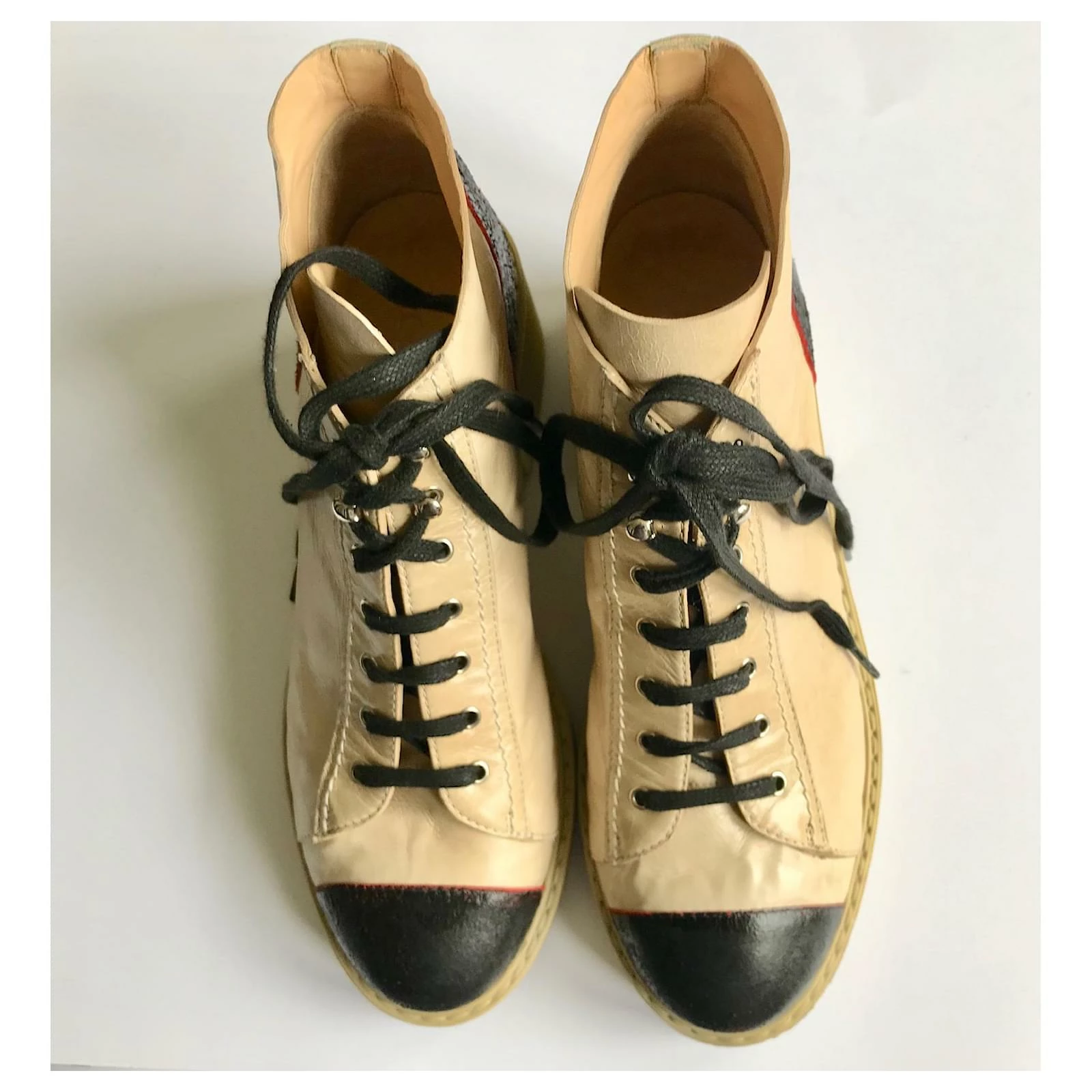 Chanel Leather Lace-up Boots Black Red Beige 3 Chanel Leather Lace-up Boots Black Red Beige - Image 3