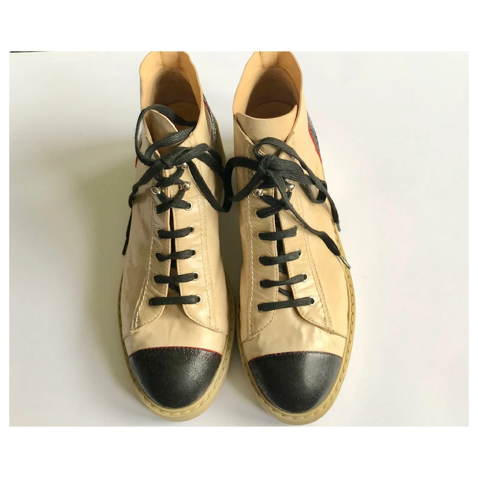 Chanel Leather Lace-up Boots Black Red Beige 4 Chanel Leather Lace-up Boots Black Red Beige - Image 4